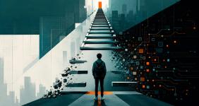 Young male at bottom of stairs representing career ladder ©The People Space