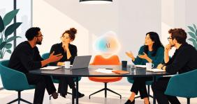 People around table with one empty chair filled with an AI bubble