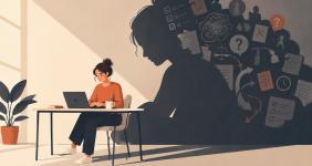 Female worker at desk with few items. She is shadowed by a large version of her with icons of apps, to do lists and checklists