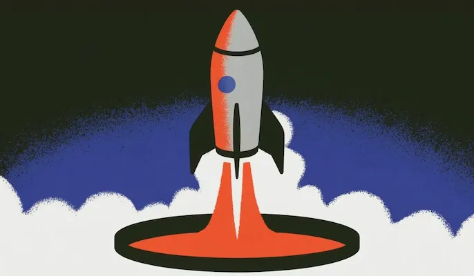 A graphic illustration of a rocket taking off