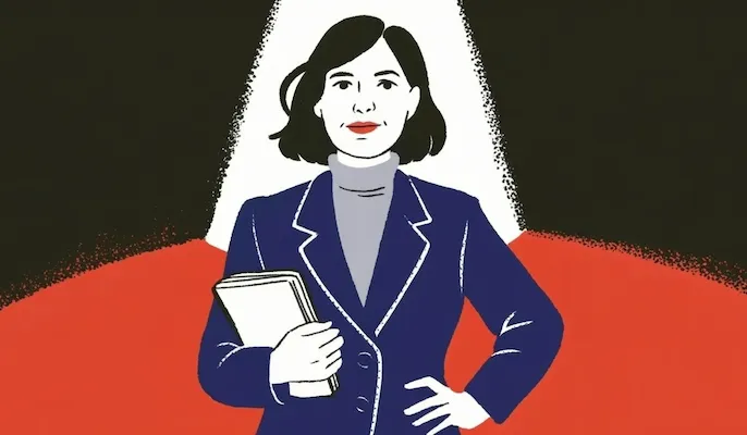 A spotlight shining on a female HR leader in blue suit