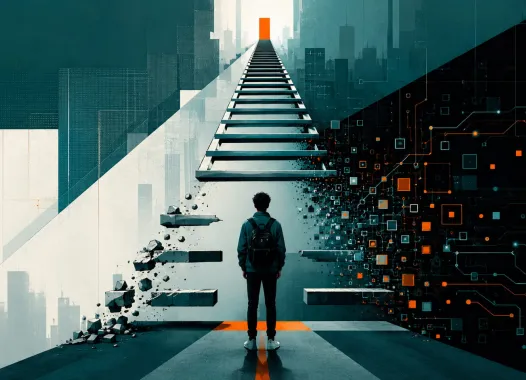 Young male at bottom of stairs representing career ladder ©The People Space