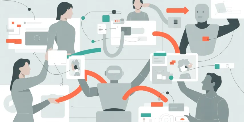 A conceptual illustration of job design, showing tasks flowing between people and digital systems including robots, emphasising collaboration, clarity and intentional design