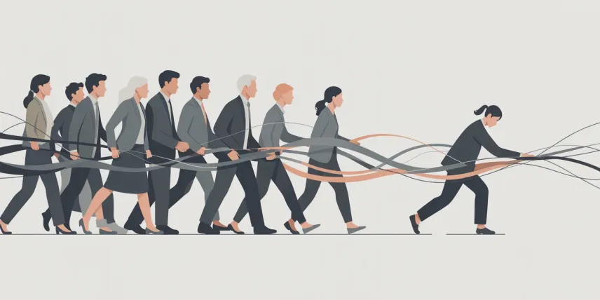 A crowd of business people following one leading the change