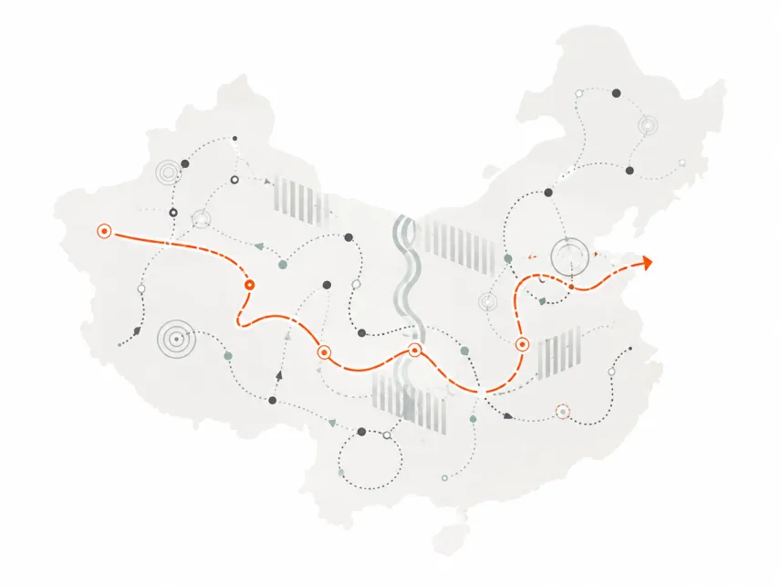 Map of China with networks and communication lines across it