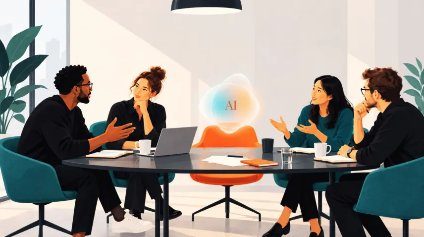 People around table with one empty chair filled with an AI bubble