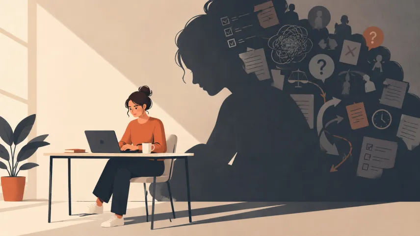 Female worker at desk with few items. She is shadowed by a large version of her with icons of apps, to do lists and checklists