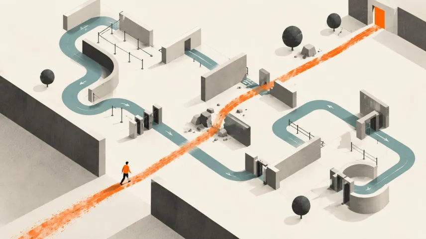 An organisational maze with an orange line representing a shortcut through it