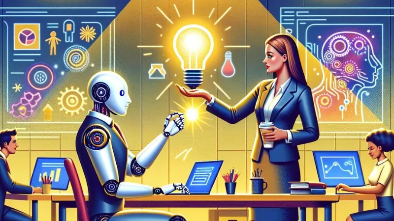 Woman and robot in suit depicting HR's role in generative AI.png