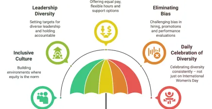 Umbrella surrounded by icons to represent different pathways to gender equality