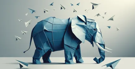 A minimalist illustration of a large origami elephant made from stiff, folded paper to illustrate non agile organisation surrounded by agile paper planes