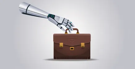 A robot hand reaching to a briefcase