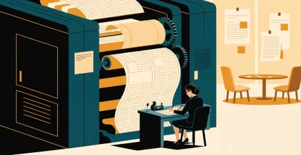 Woman at desk with reams of paper coming to her to check