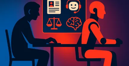 Human figure and robot figure working behind each other with icons to represent collaboration on wall