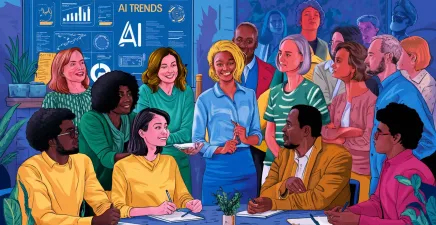 Illustration of diverse  group of employees in an office learning about AI