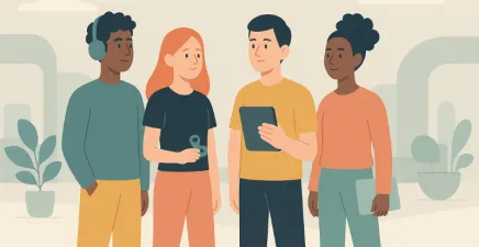 A clean, modern vector landscape showing a group of diverse, stylised young people standing confidently at the edge of a soft, abstract workspace horizon.