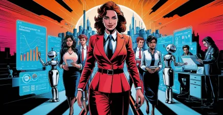 Female leader striding forward followed by humans who are working alongside robots and artificial intelligence