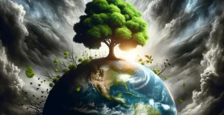 Surreal artwork depicting a large, vibrant green tree growing on top of planet Earth, which is shown against a dramatic backdrop of contrasting dark storm clouds and bright sunlight. The Earth is detailed, showing continents like North America and the surrounding oceans. Birds are flying away from the tree, and a few leaves are being carried off by the wind, symbolizing perhaps nature's resilience and the concept of a living planet