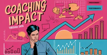 A comic style illustration of a male coach in front of a wall saying coaching impact and lots of graphs showing performance going up