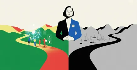 A stylised HR female at a fork in the road with one leading to a grey robotic future and another to people working with machines