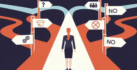 A female leader standing at a crossroads looking forward with signposts displaying icons to represent simplicity, few meetings, attention, saying no and asking questions