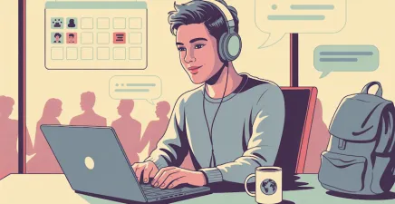 A stylised Gen Z worker on laptop with icons to represent key wants in workplace today