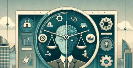 Illustration of a man in suit with AI head and judicial scales