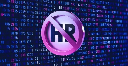 Letters HR in a pink no go sign on a background of data numbers 