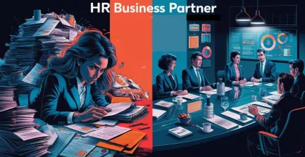 Graphic of HR business partner surrounded by paper on left and sitting at boardroom table with executives on right