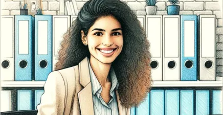 Pencil illustration of a lady with long hair and beige jacket with a big smile and work folders behind her