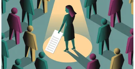 A candidate in a spotlight with a list of demands and stylised people around her