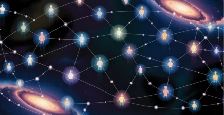 A constellation of people connected together via a network on a dark background