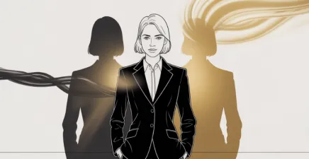 A woman in a suit with golden and black shadows behind her