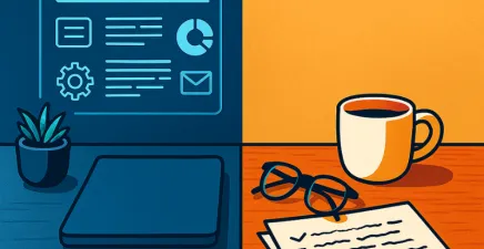 A desk with one half featuring laptop and data and other a coffee cup, paper and glasses