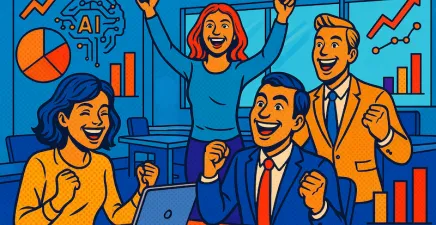 Pop art bright visual of two female and two male employees laughing with icons for AI and data in background