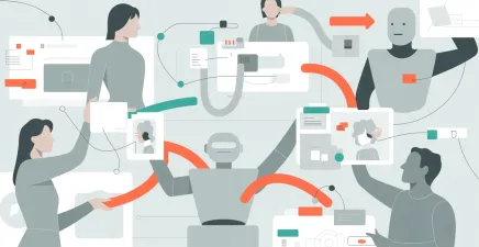 A conceptual illustration of job design, showing tasks flowing between people and digital systems including robots, emphasising collaboration, clarity and intentional design