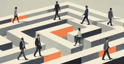 A grey and white maze with business people navigating it 