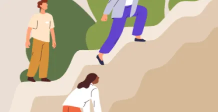 Illustration of a woman leading her team up a treacherous mountain