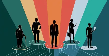 The five different generations in the workplace illustrated as graphic characters on podiums