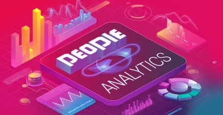 A central button saying People Analytics surrounded by different metrics in bright hues of pink and purple
