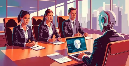 Two female and one male recruiter interviewing a half human half AI person for a job role