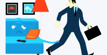 Illustration of a man reluctantly leaving his sofa to return to office