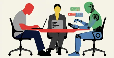 A man on a laptop, woman in suit on device and robot on mobile phone around workplace table