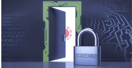A door opening with a computer virus behind it and a lock in front with the words Screening on it