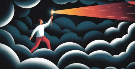 A bold graphic of a person shining a light to illuminate the way forward in a series of dark clouds