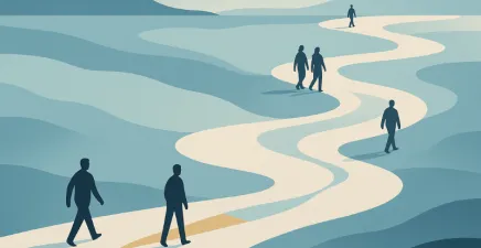 A conceptual vector-style landscape showing a winding path stretching across a vast, abstract terrain. The path is fluid and adaptive—curving, splitting, and rejoining—rather than straight. Small human figures appear at intervals along the path, navigating independently or in small groups, some pausing, some adjusting direction