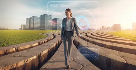 A realistic picture of a female coach in a suit walking down a path which is ever shifting