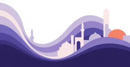 Purple waves with an orange sun poking out behind minarets