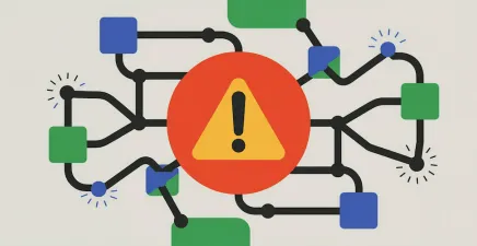 Red circle with yellow and black warning sign inside with network of connections around it