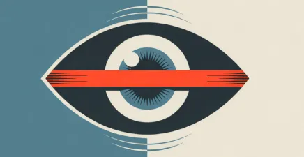 A dramatic single eye covered in part by an orange blindfold to suggest HR doesn't look deeply into remote work data